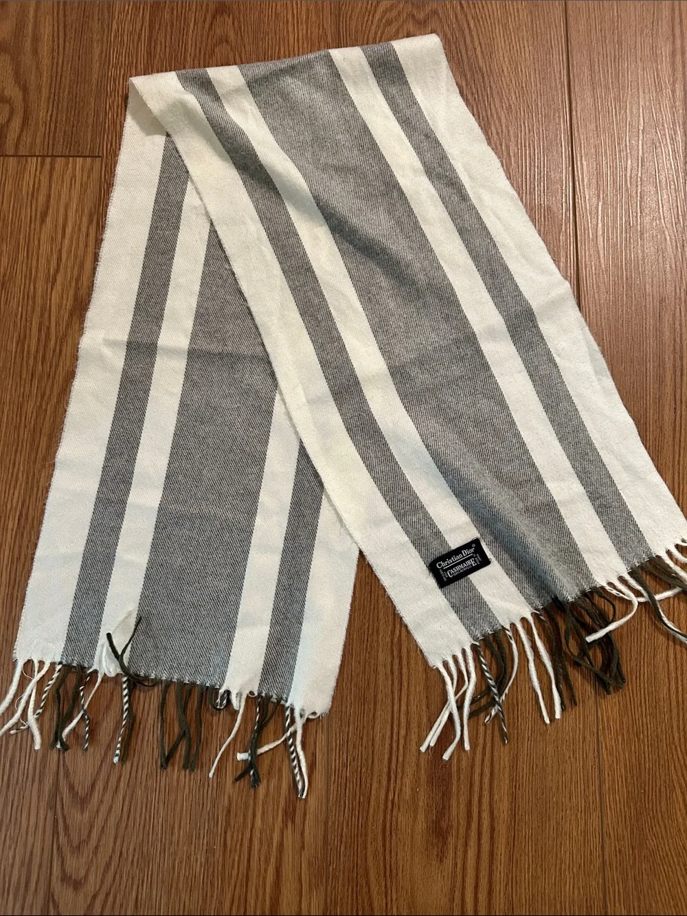 Christian Dior Cream and Gray Striped Wool-Blend Scarf